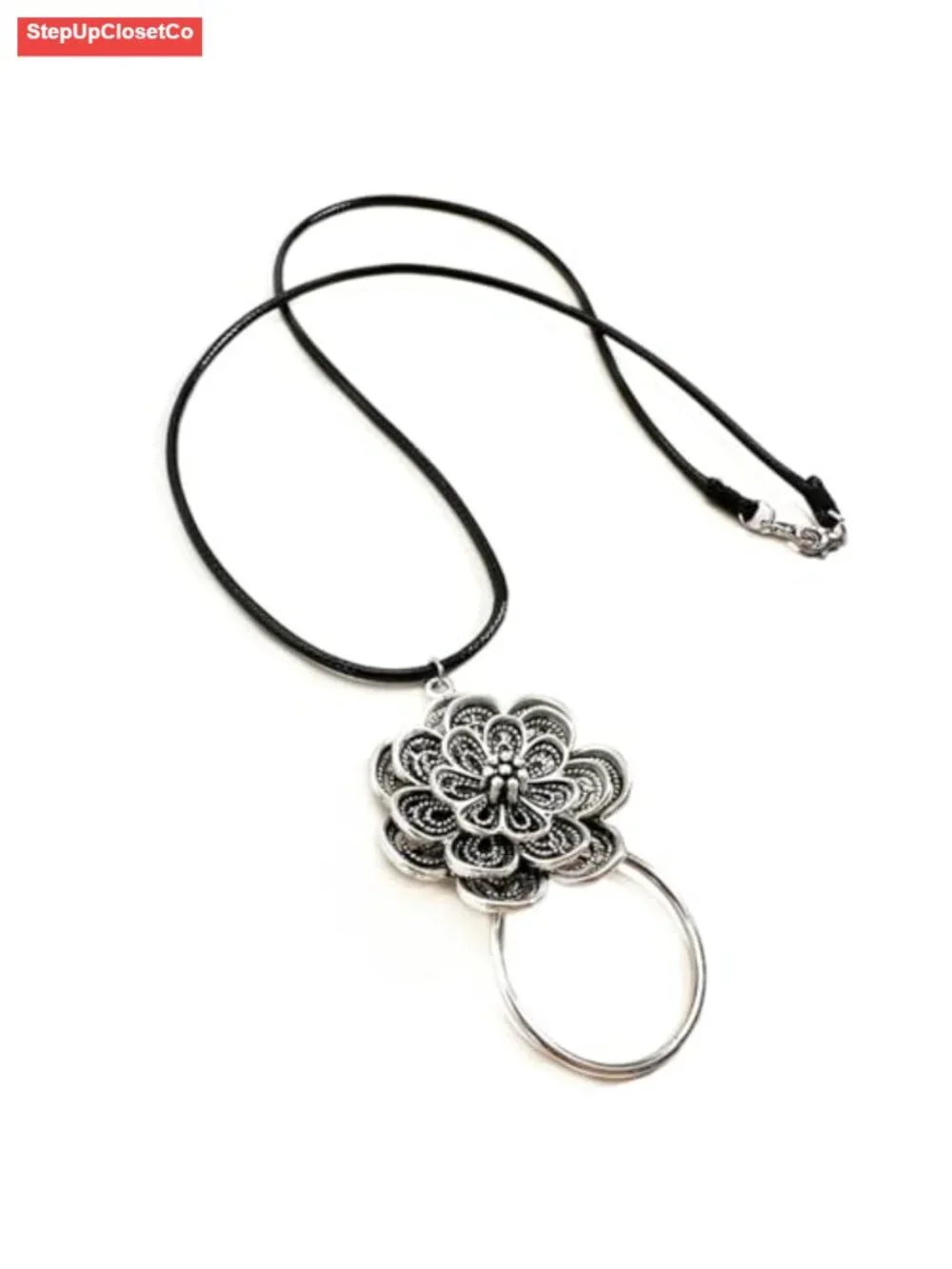 Leather Cord Glasses Necklace Sunglasses Holder with Flower Loop Ring Eyeglass